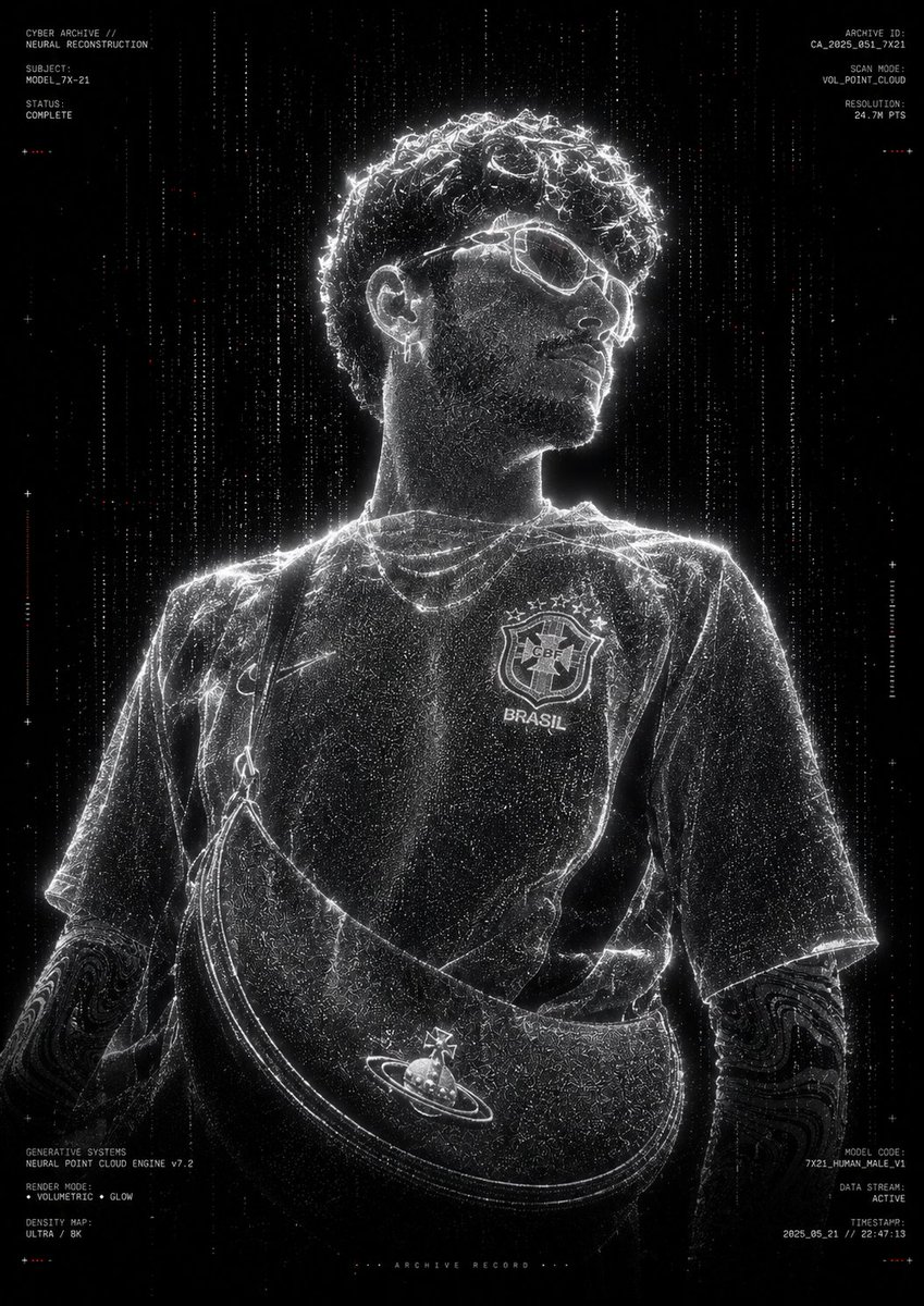 Monochrome point-cloud hologram of a standing figure in a void