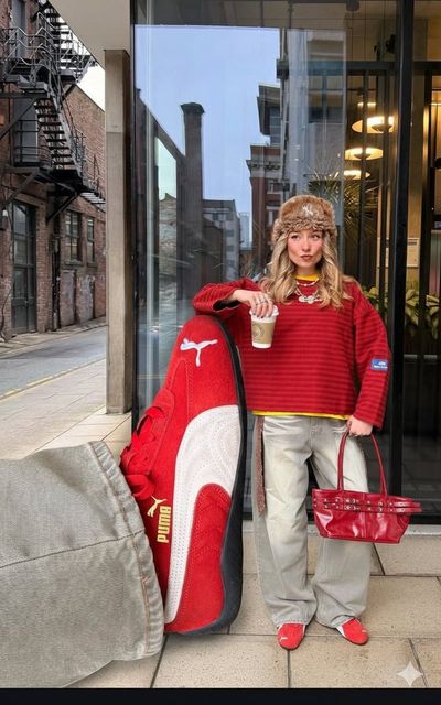 Bold Red Street Fashion Meets Surreal Perspective