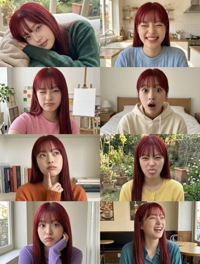 A red-haired woman shows eight playful expressions in warm settings.