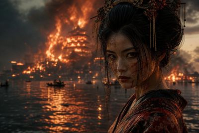 A lone figure gazes at a burning skyscraper on the dark ocean