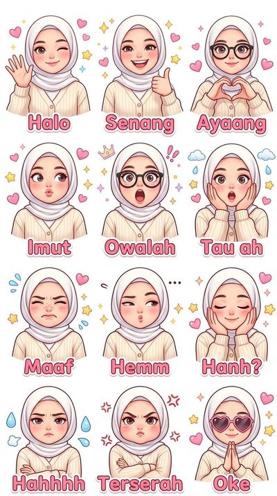 Indonesian hijabi woman with 12 cute expressions on sticker sheet