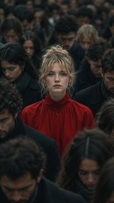 A woman in crimson stands alone amidst a faceless crowd