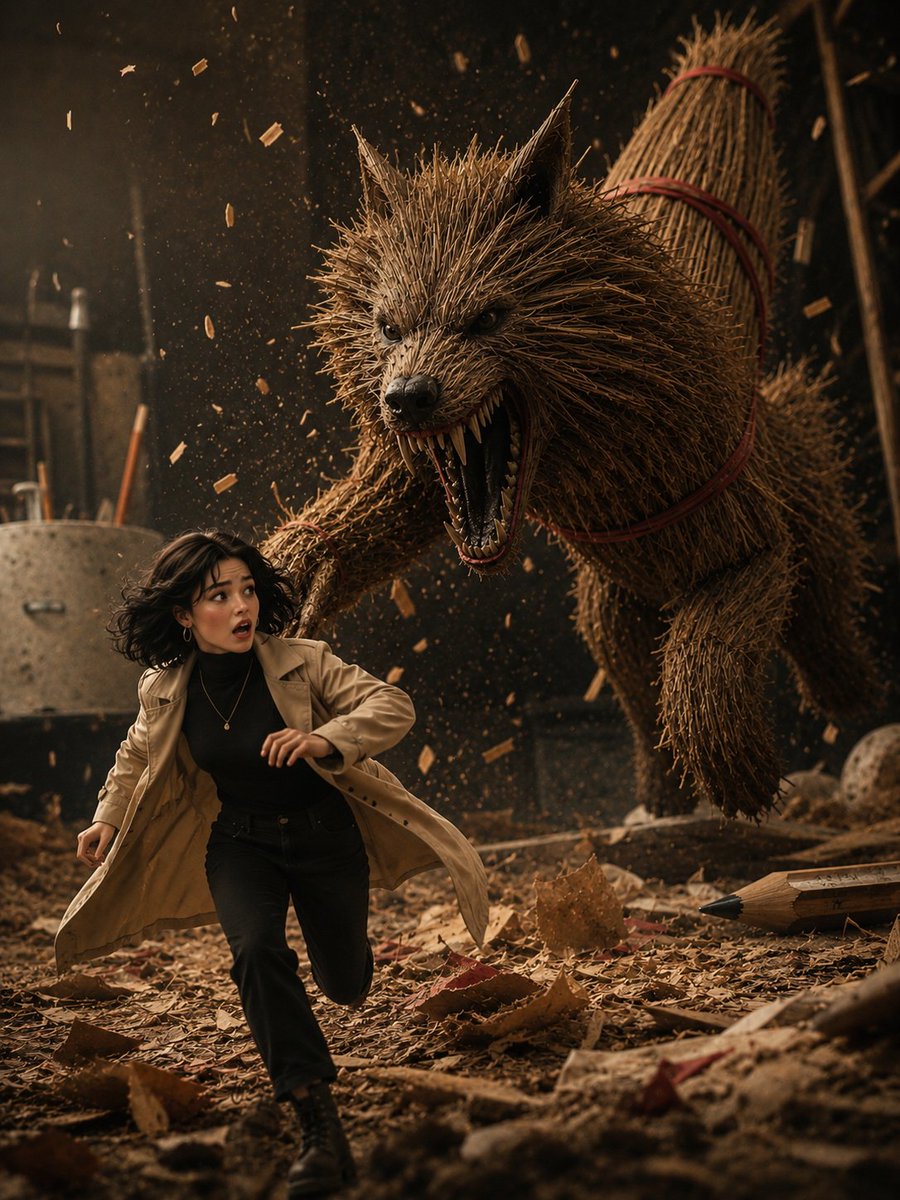 A terrified woman flees from a giant straw wolf in a dusty workshop.