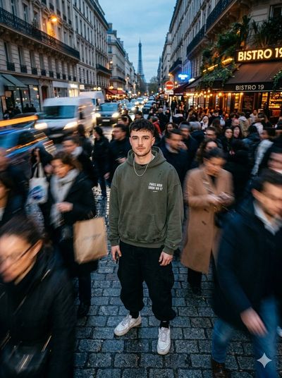 A stylish model stands still amid blurred Paris crowd