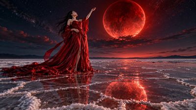 Crimson silk gown flows on mirrored salt flat under eclipse