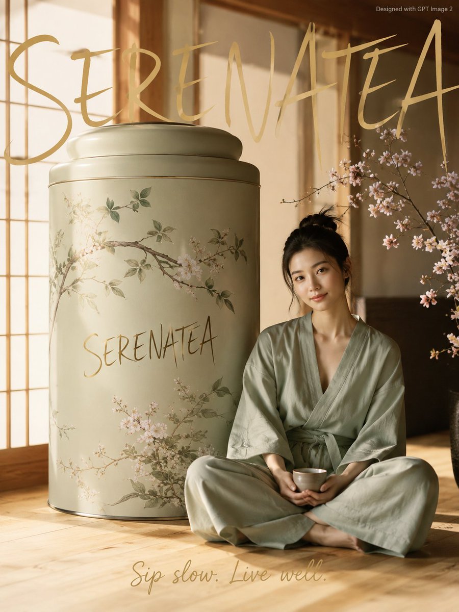 A serene woman in sage green kimono sits beside giant tea tin