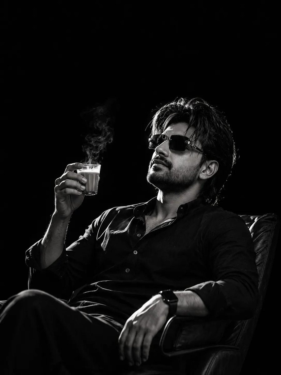 Man reclines in chair sipping steaming chai through dark shades