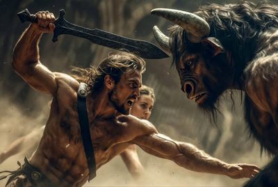Epic Confrontation: Theseus Faces the Minotaur in the Labyrinth