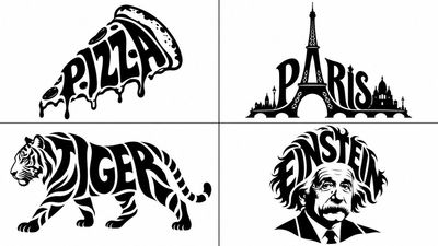 Elegant black and white calligram logo fuses letters into animal silhouette