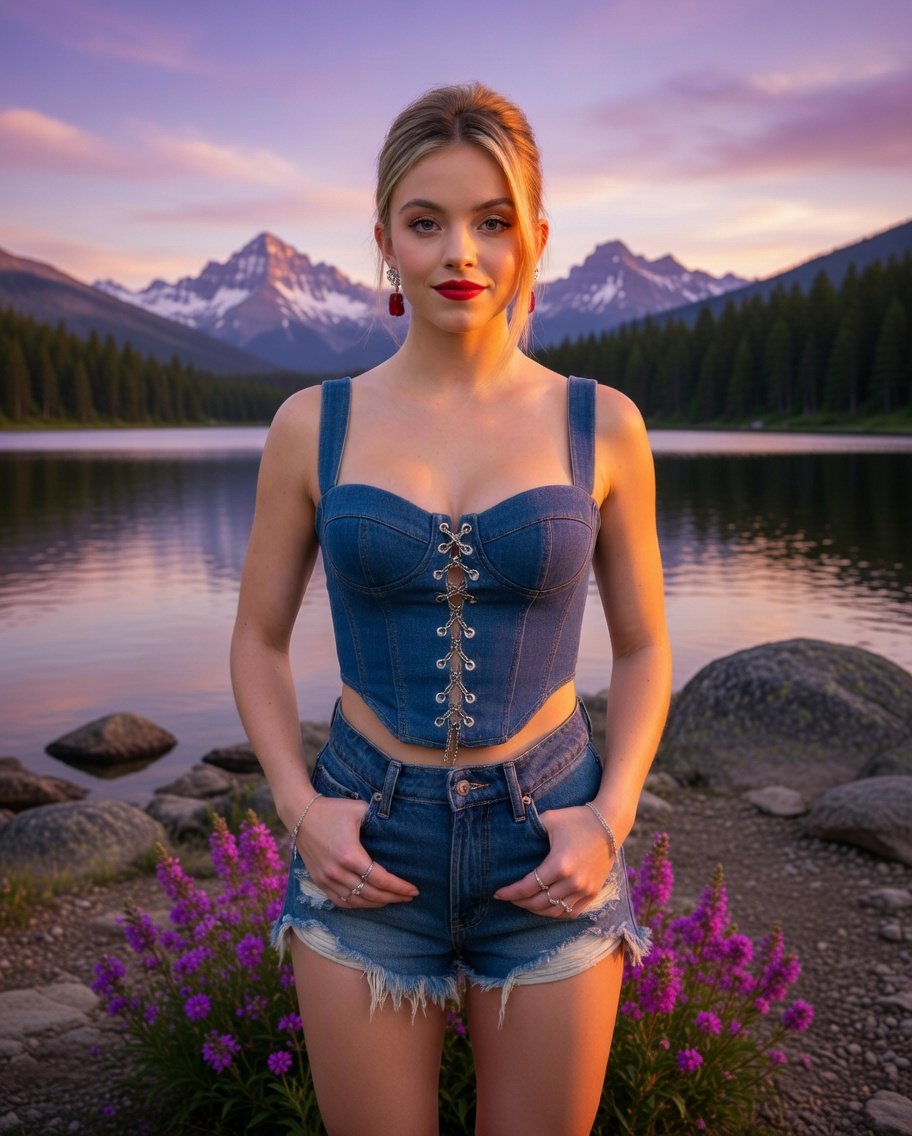 Sunset Serenity: Woman by a Mirror Lake in Denim Elegance