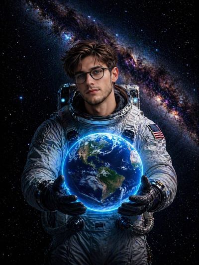 Astronaut Cradling a Luminous Earth in Space
