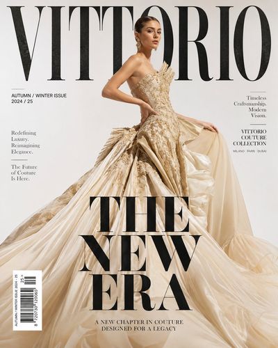 Supermodel in champagne gown poses for VITTORIO magazine cover