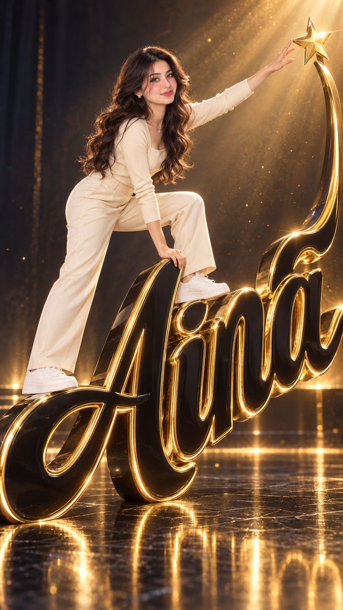Person climbs giant gold-edged name letters in dark studio
