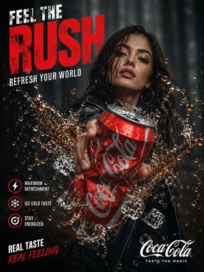 Model holds crushed cola can in dark forest with splash