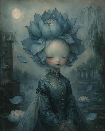 A porcelain rose girl holds a wilting bouquet in twilight