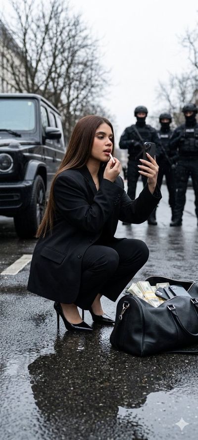 Urban Confidence: A Woman's Poise Amid Rain and Shadows