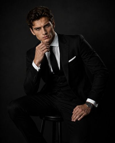 A striking model in a tailored black suit commands the studio