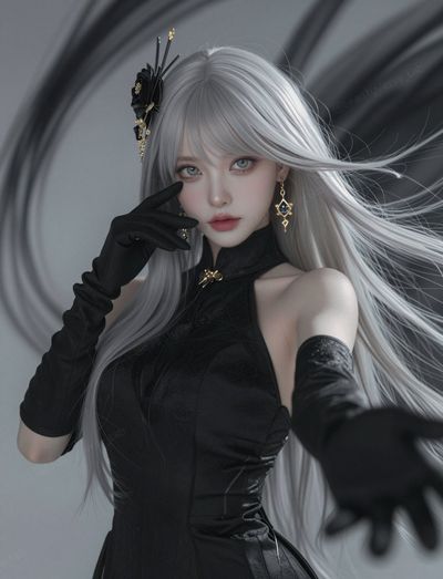 Silver-haired woman in black dress gazes through swirling monochrome mist