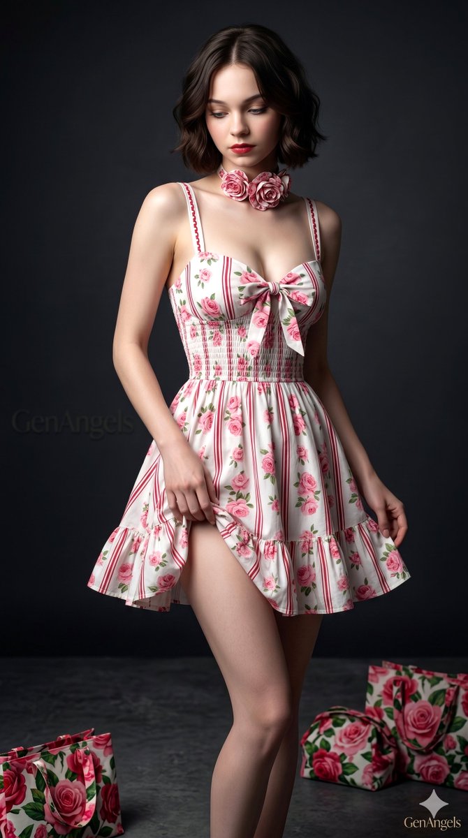 A young woman in a floral dress poses in a shadowy studio