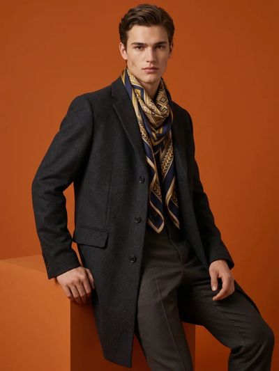 Sculpted Elegance in Tailored Wool and Silk Against Terracotta Geometry