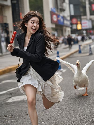 City Chase: Woman Flees Playful Goose with Tanghulu Skewer