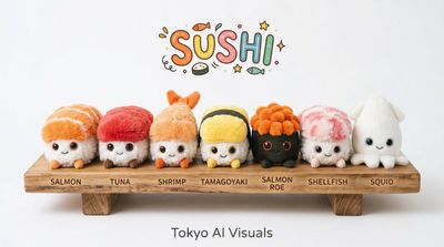 Fluffy Sushi Characters in Jellycat Style