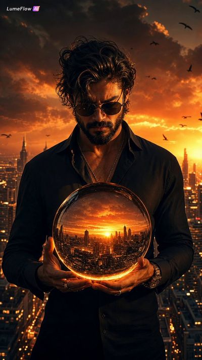 Bearded man holds a glowing city orb on a rooftop at sunset