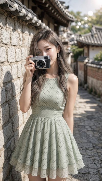 Korean woman raises Fujifilm camera in Bukchon alley