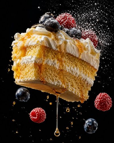 Strawberry shortcake layers float mid-air under dramatic spotlight