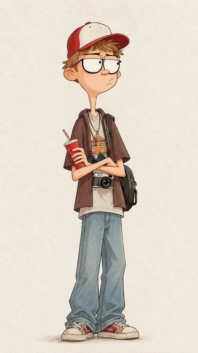 Awkward Teen Boy in Vintage Cap Holds Soda Cup with Crossed Arms