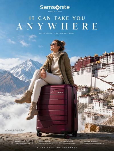 A traveler rests on her Samsonite beneath snow-capped peaks