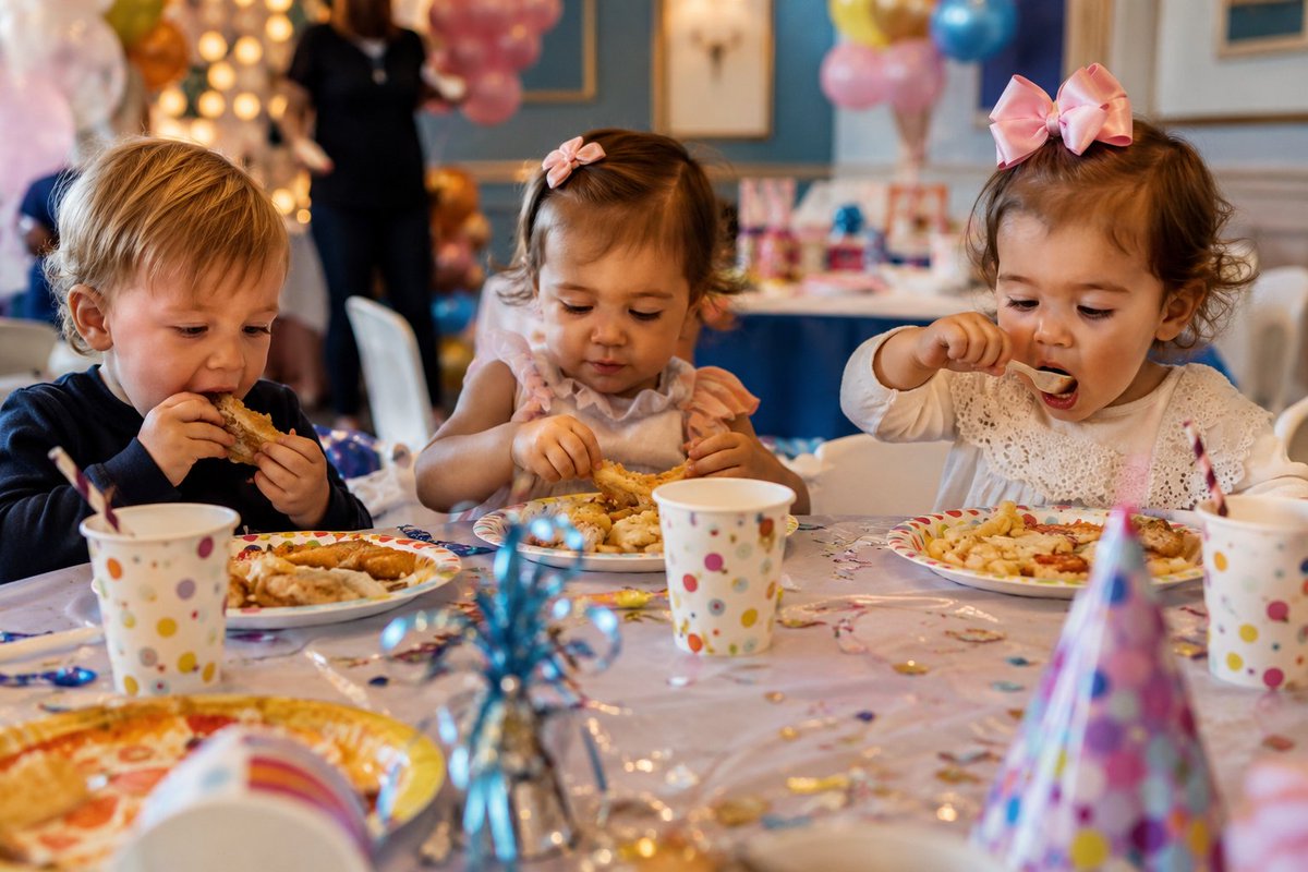 Toddlers share a joyful birthday meal under soft fairy lights