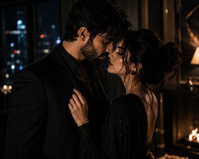 Foreheads touch in neon rain as lovers share silent vows