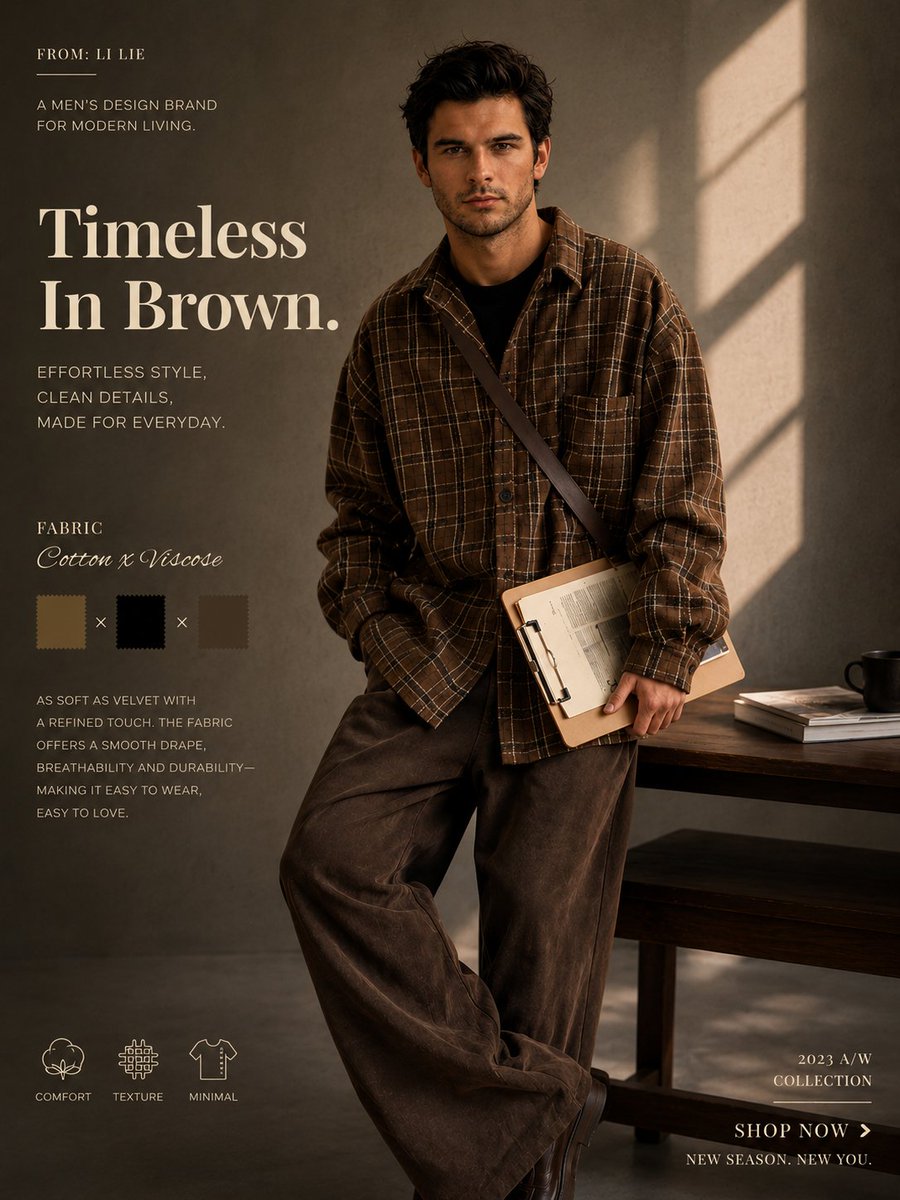 A model in brown plaid leans against a wooden table.
