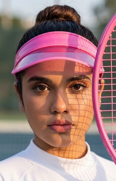 A confident girl in pink visor holds tennis racket close to face