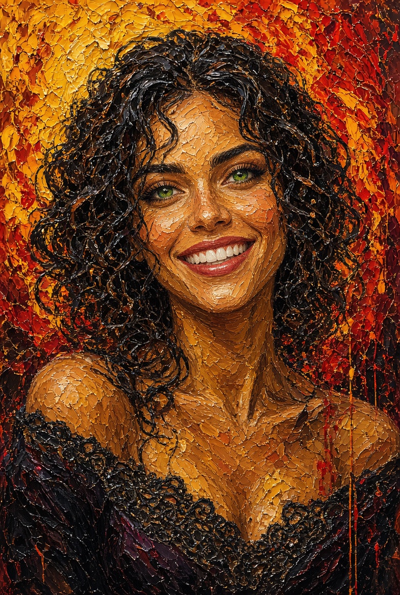 Smiling woman with green eyes emerges from fiery impasto brushstrokes