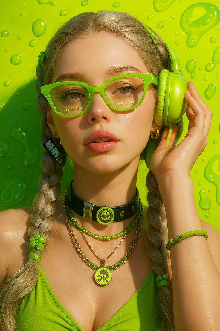Young woman in lime-green glasses and headphones poses confidently