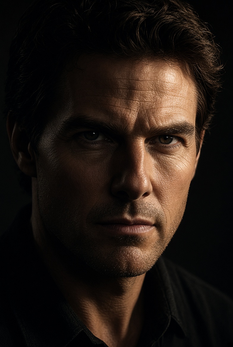 Weathered man and soft blonde woman share dramatic chiaroscuro studio portrait