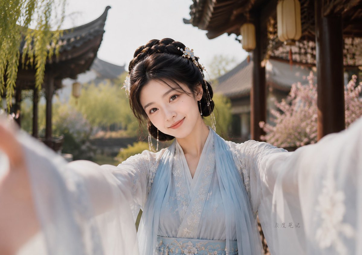 A young woman takes a selfie in a serene ancient Chinese garden