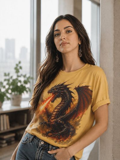 Woman in cream tee with dragon print stands confidently indoors