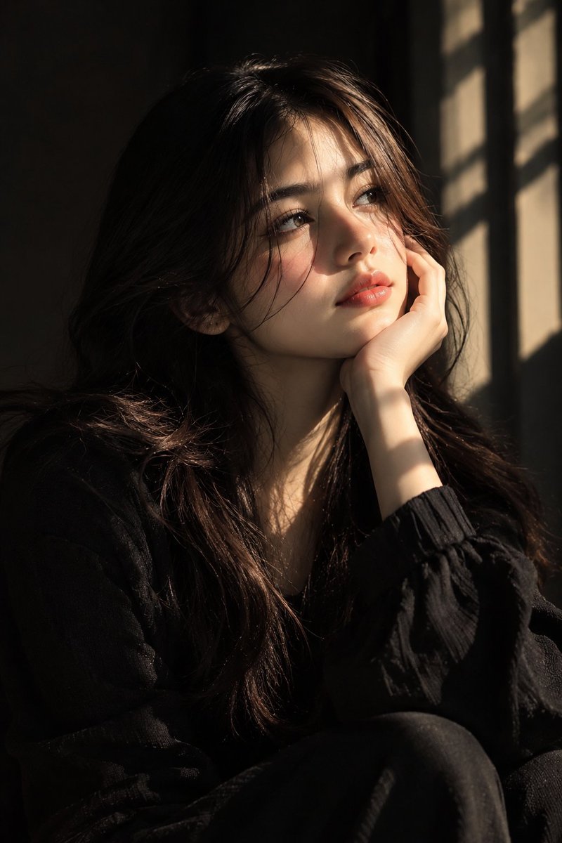 Golden Sunlight Through Blinds Illuminates Pensive Woman's Face