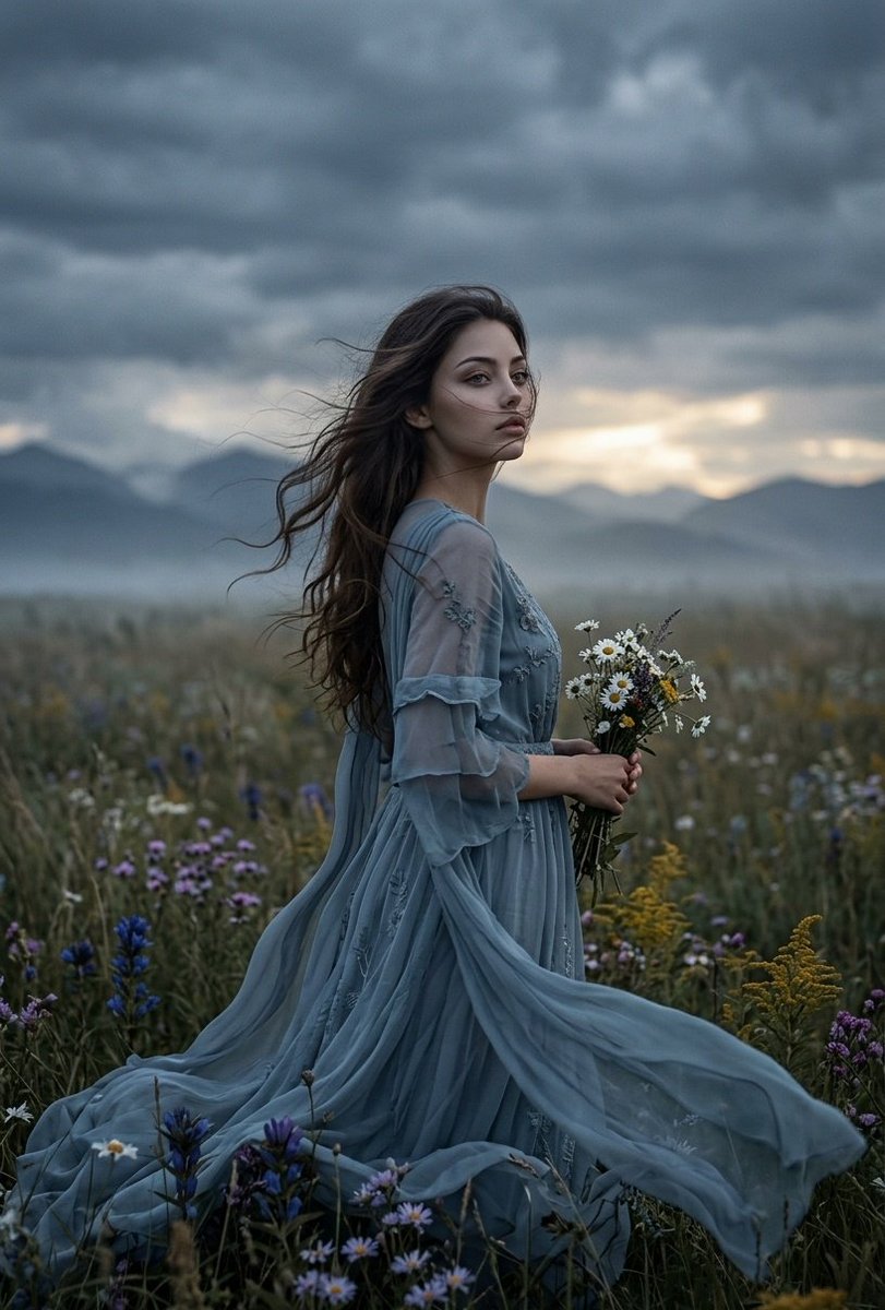 A melancholic woman in a blue gown stands in a stormy meadow at dusk.