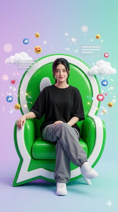 Young woman sits confidently on a giant WhatsApp logo throne