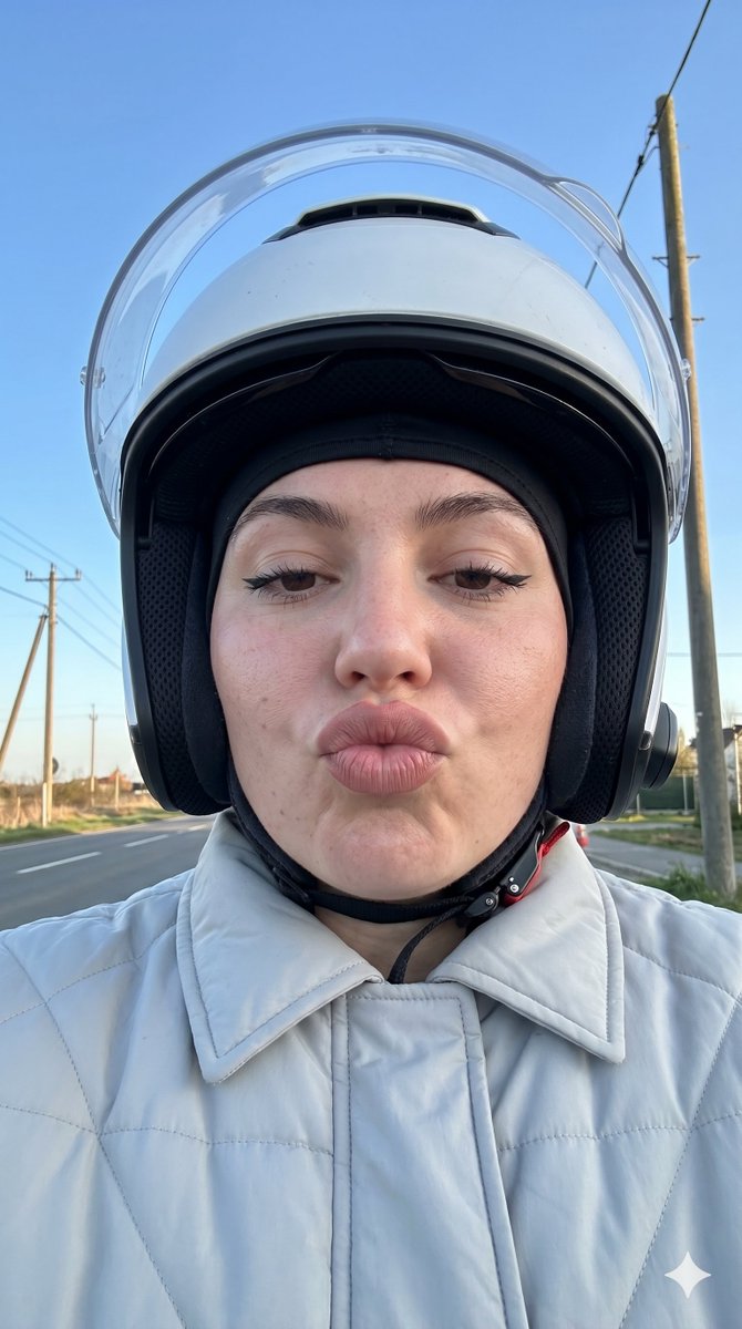 Young woman playfully takes selfie with bike helmet on road trip