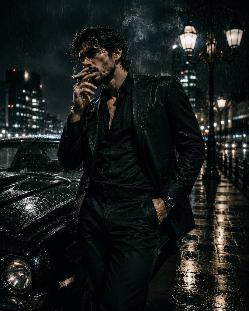 A rugged man lights a cigar outside a vintage whiskey bar