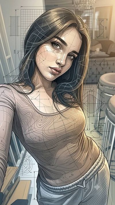 Elegant parametric blueprint woman glows with warm golden wireframe light