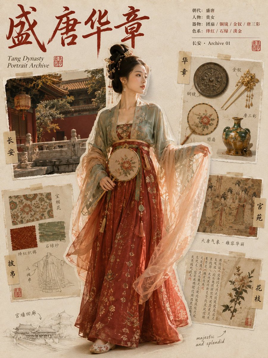 Tang Dynasty elegance captured in a fan, mirror, and ceramic figurine