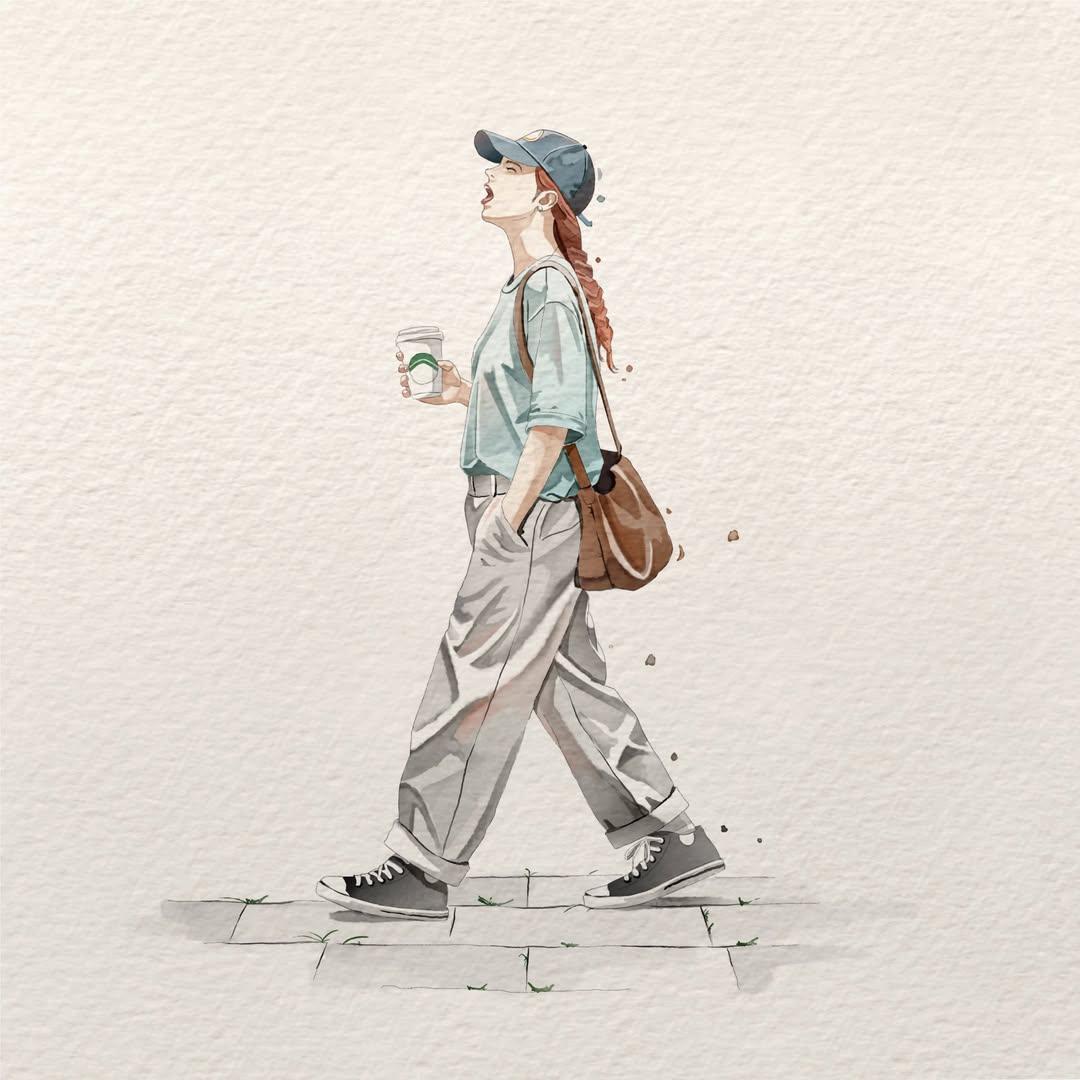 A stylish young woman walks confidently with coffee in hand.