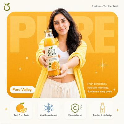 Young woman in yellow offers Pure Valley orange juice.