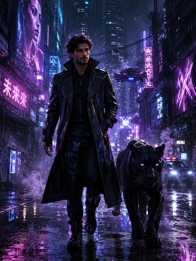 Cyberpunk man and glowing Black Panther walk neon alley
